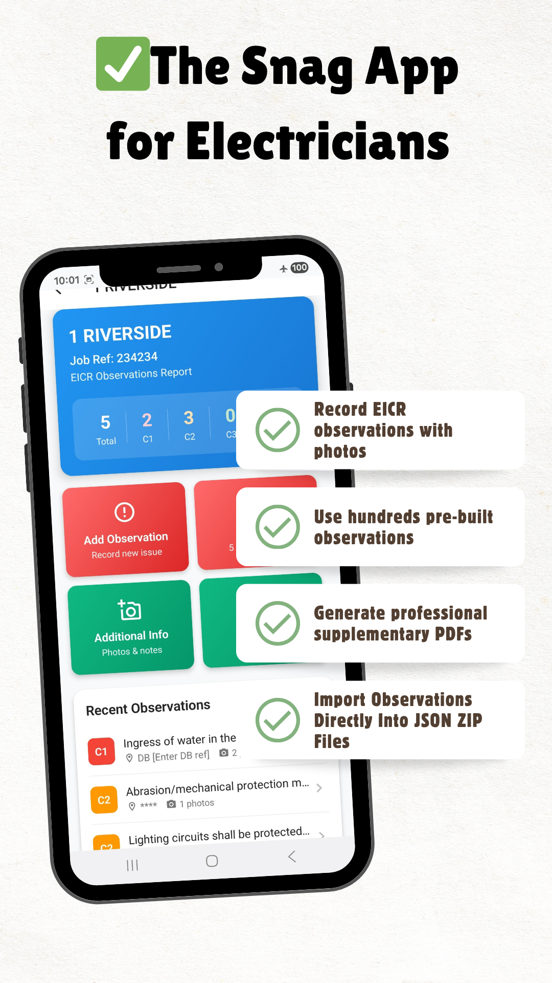 The Snag App for Electricians - Record EICR observations with photos, use pre-built observations, generate professional PDFs, import directly into JSON ZIP files